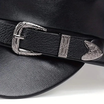 Unisex Large Belt Buckle Leather Beret | Spring Autumn Sailor Flat Top Military Cap for Men & Women