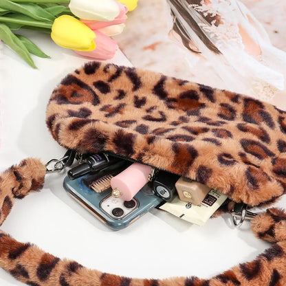 Women's Animal Print Leopard Plush Shoulder Bag | Casual Crossbody Messenger Bag for Ladies
