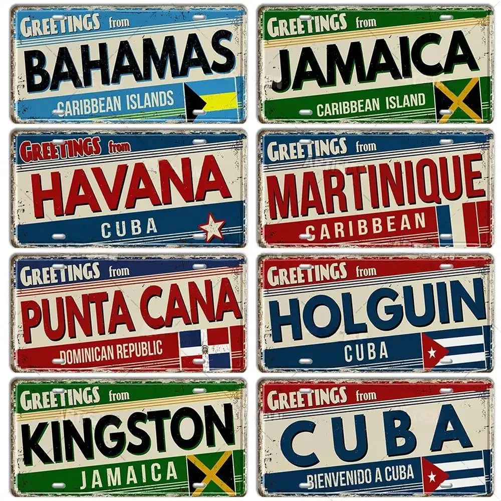 Caribbean Destination Metal Sign – Vintage Aluminum Wall Decor (30x15cm)