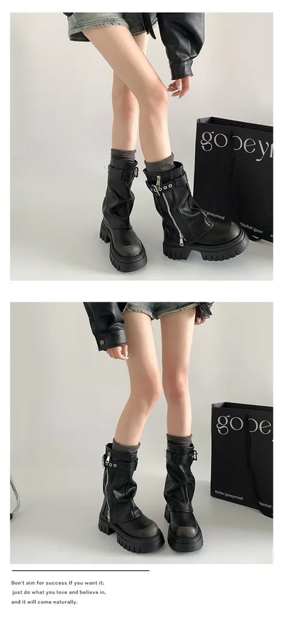 LEDP Women's Platform Biker Boots – Belt Buckle Mid-Calf Zip-Up Winter Boots
