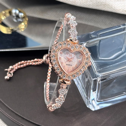Women's Heart-Shaped Ribbon Strap Diamond Watch | Adjustable Bracelet Fashion Wristwatch