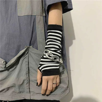 Unisex Gothic Lolita Arm Warmers | Harajuku Striped Fingerless Punk Long Wristband Y2K Gloves