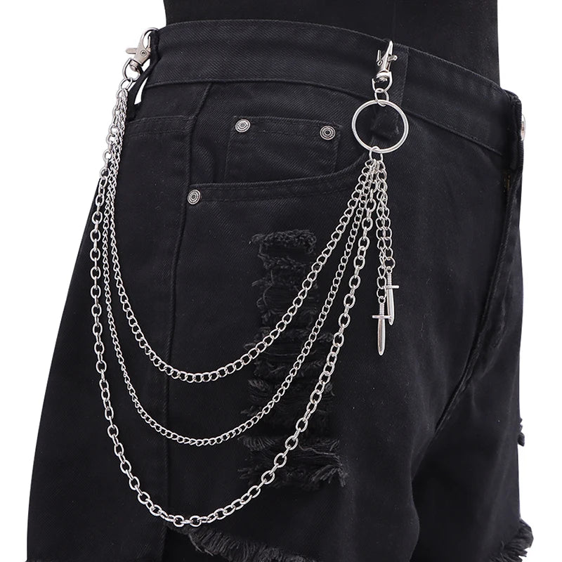 Men's Punk Spike Rivet Metal Pants Chain Belt Chain and Keychain