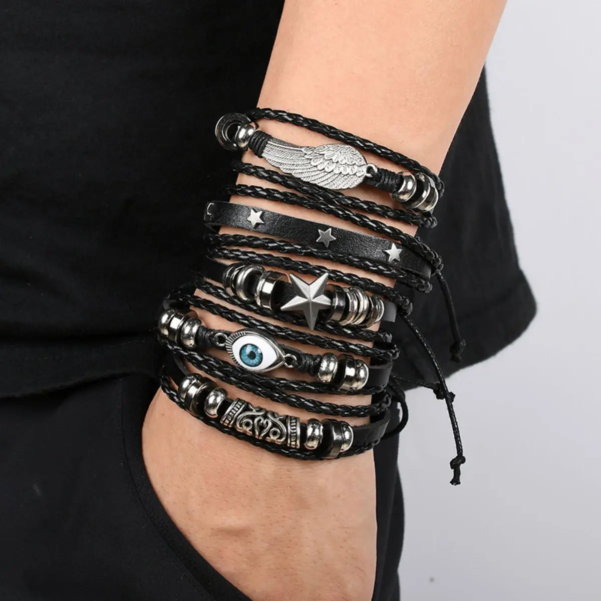 Punk Skull & Star Bracelet Set | 6pcs Unisex Alloy & PU Leather Chain Bracelets