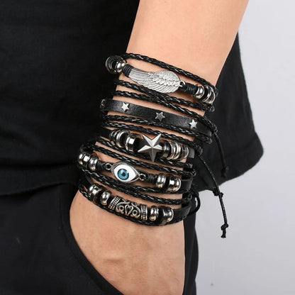 Punk Skull & Star Bracelet Set | 6pcs Unisex Alloy & PU Leather Chain Bracelets