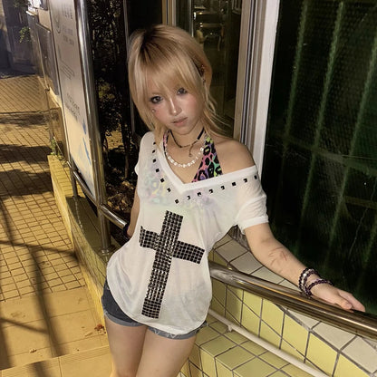 Women's Japanese Y2K Metal Cross Print T-Shirt | Harajuku Sheer Short Sleeve Streetwear Grunge Top