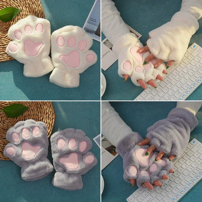 Cat Paw Plush Mittens – Cute Fingerless Fluffy Gloves for Women