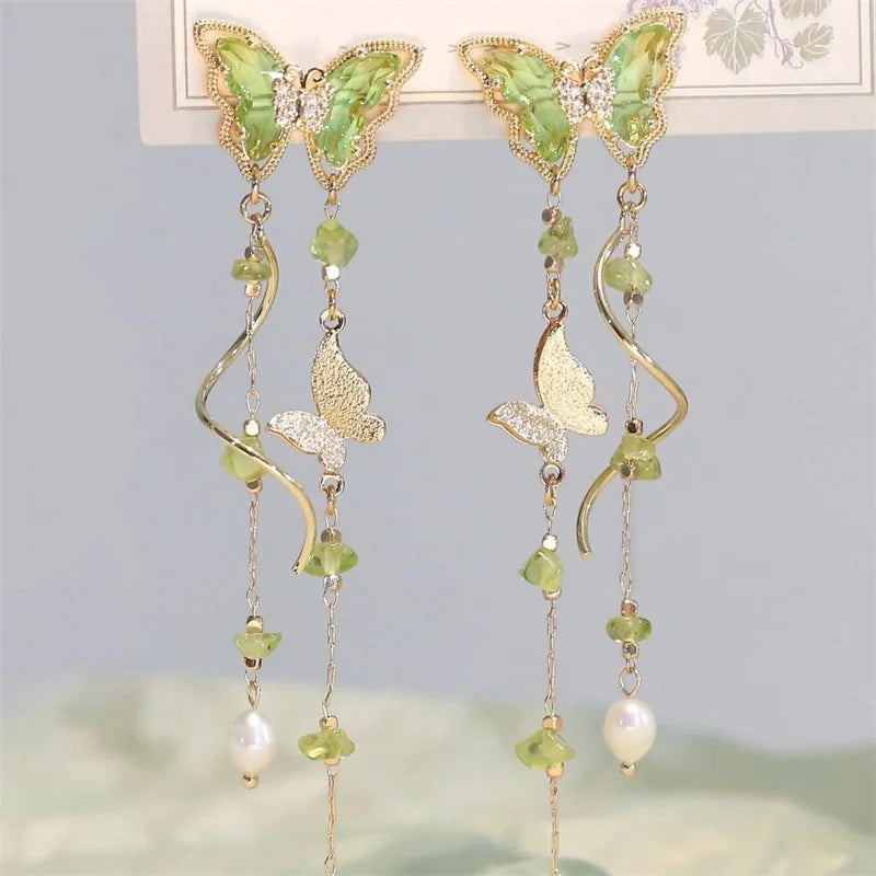 Women's Elegant Red Zircon Butterfly Drop Earrings | Sweet Metal Bow Fashion Jewelry for Girls