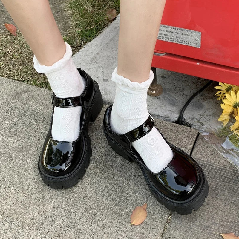 Women's Patent Leather Platform Mary Jane Pumps with Ankle Buckle