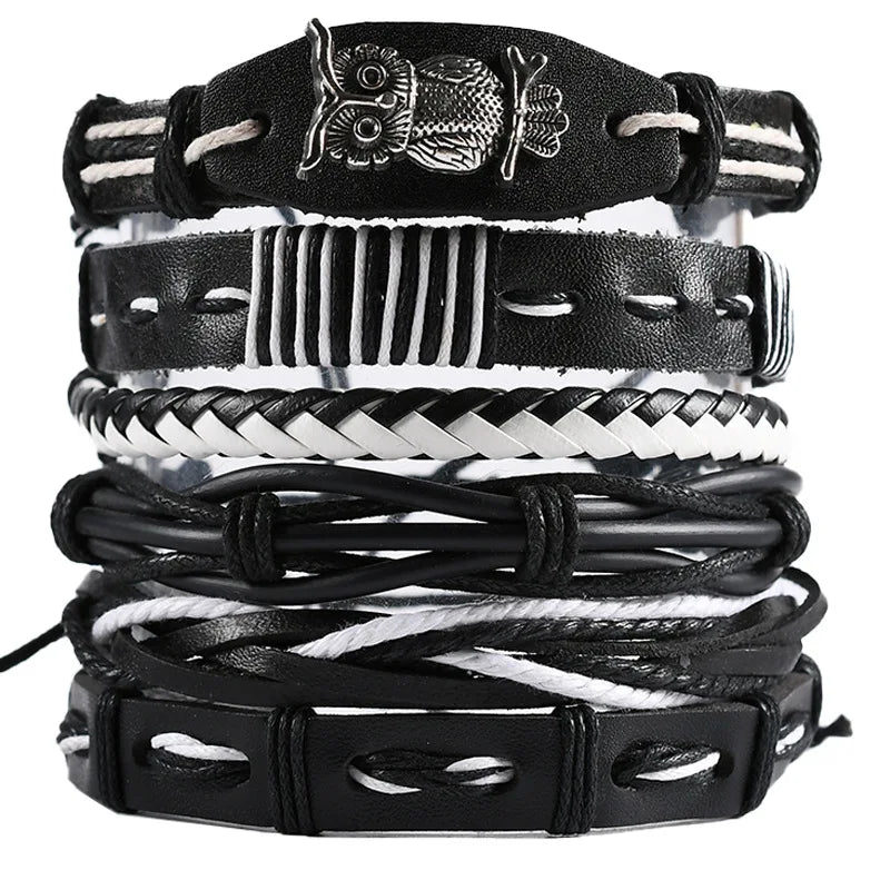 Men's Viking Leather Bracelet Woven Skull Adjustable Cuff