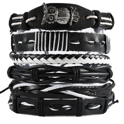 Men's Viking Leather Bracelet Woven Skull Adjustable Cuff