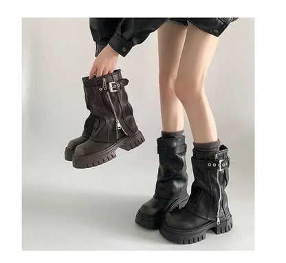 LEDP Women's Platform Biker Boots – Belt Buckle Mid-Calf Zip-Up Winter Boots
