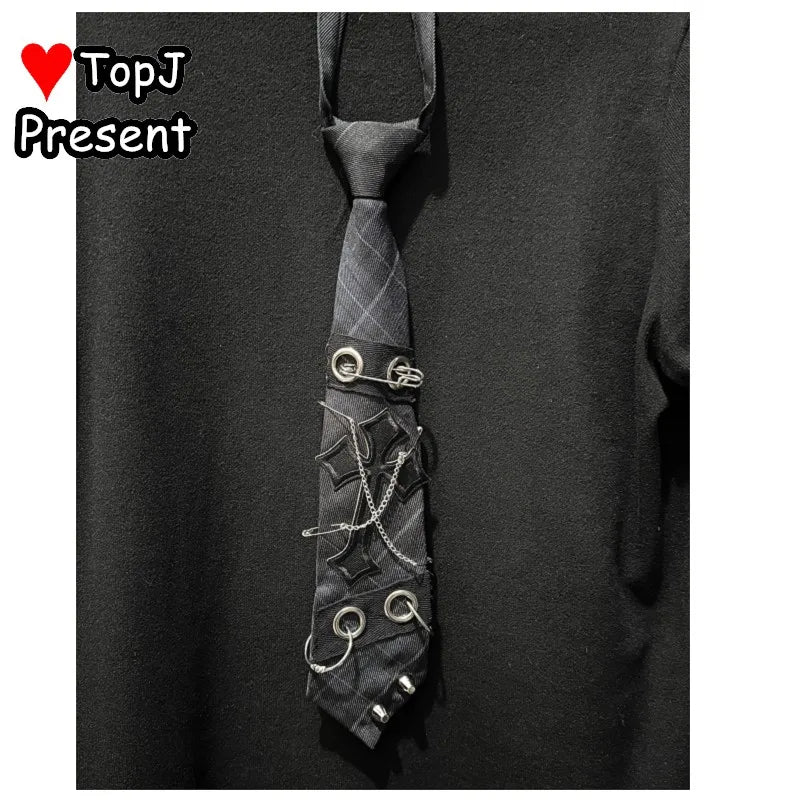Unisex Harajuku Gothic Punk Y2K JK Tie | Skull Rivet Lazy Zipper Chain Accessory for Men & Women