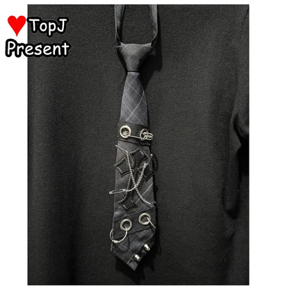 Unisex Harajuku Gothic Punk Y2K JK Tie | Skull Rivet Lazy Zipper Chain Accessory for Men & Women