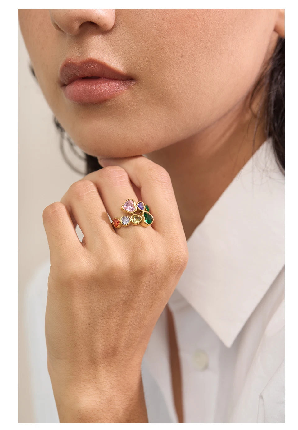 Cubic Zirconia Heart Open Ring in 18K Gold Plated Stainless Steel
