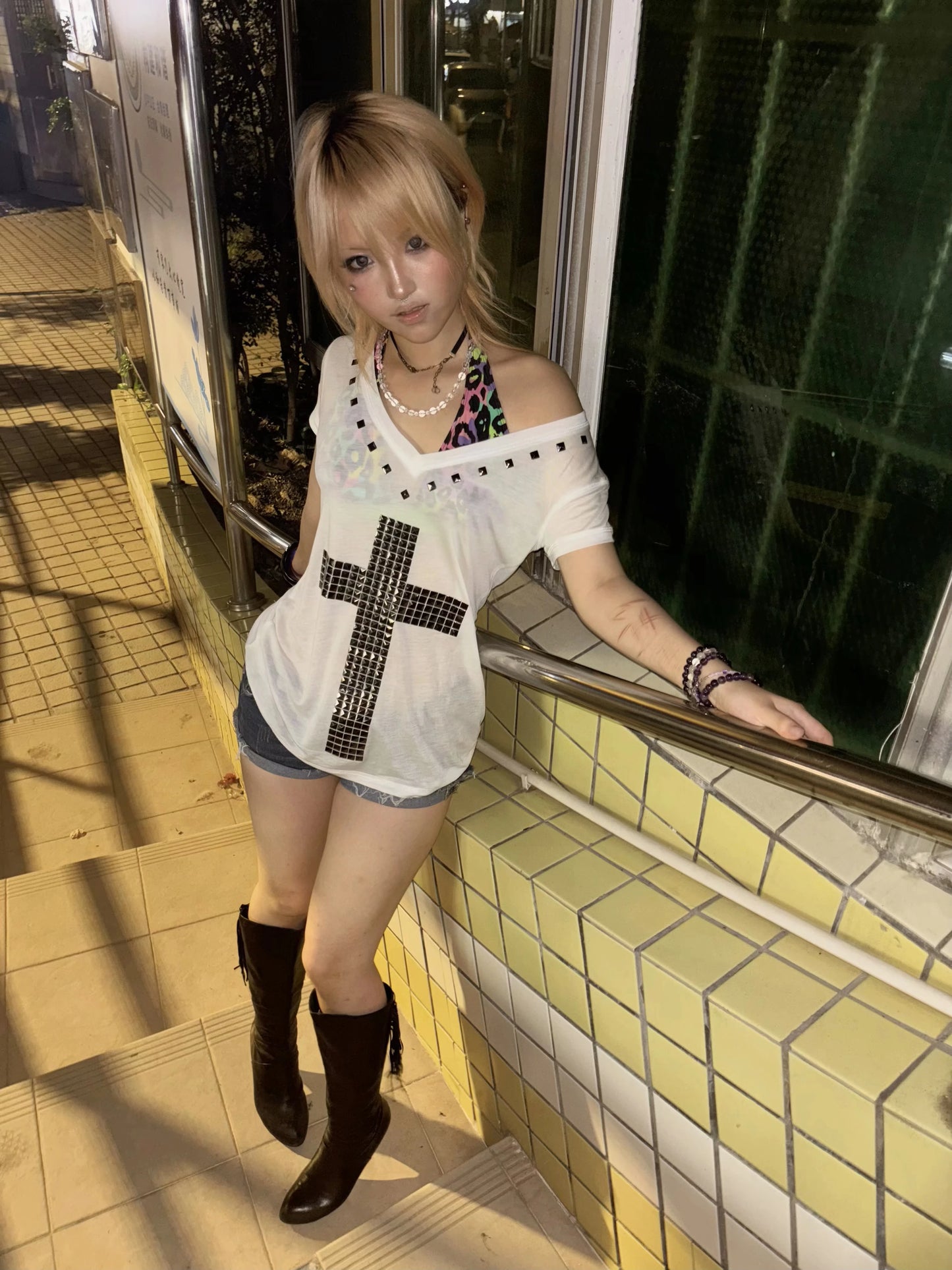 Women's Japanese Y2K Metal Cross Print T-Shirt | Harajuku Sheer Short Sleeve Streetwear Grunge Top