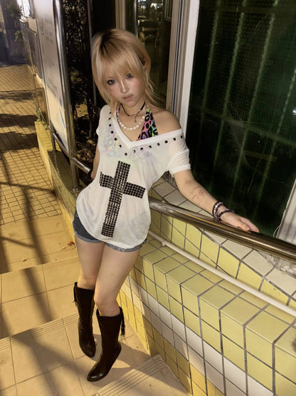 Women's Japanese Y2K Metal Cross Print T-Shirt | Harajuku Sheer Short Sleeve Streetwear Grunge Top