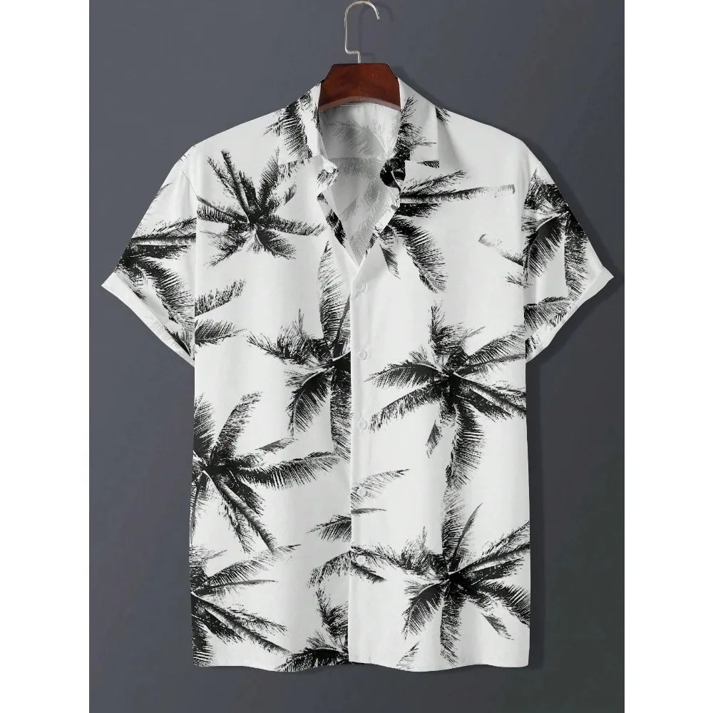Men’s Tropical Palm Print Shirt – Casual Summer Button-Up Beach Shirt | Hawaiian Shirt Print Casual Thin Beach Slim Fashion Shirt High Quality Luxury Black Social Vintage | Oversized Clothes
