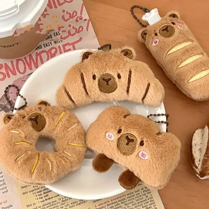 Cartoon Capybara & Croissant Plush Keychain | Soft Bread Food Stuffed Hanging Accessory