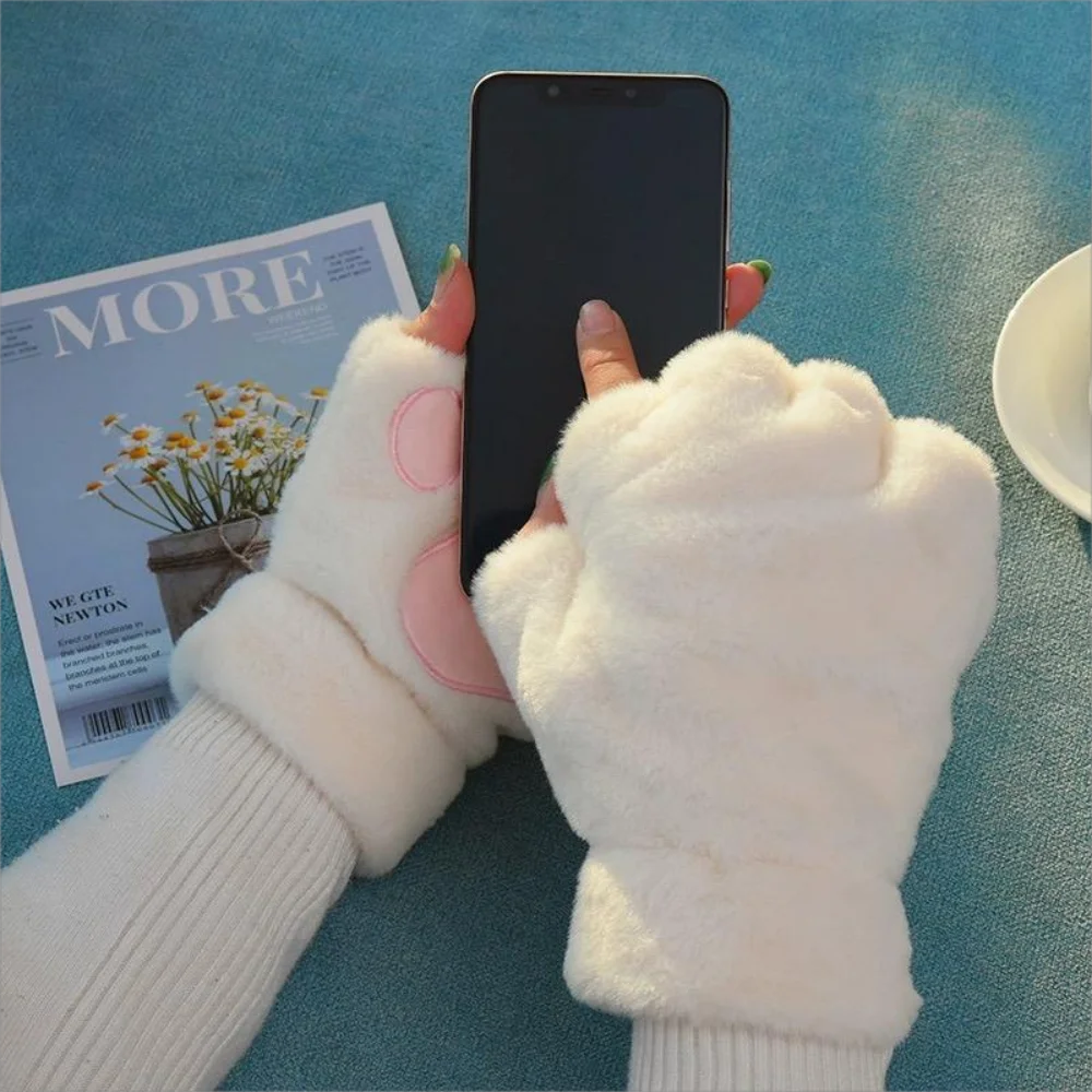 Cat Paw Plush Mittens – Cute Fingerless Fluffy Gloves for Women