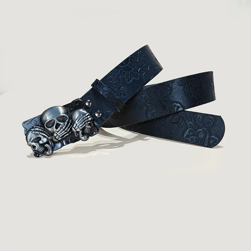 Men's Gothic Punk Skull Embossed Leather Belt Skeleton Reaper and Snake Designs