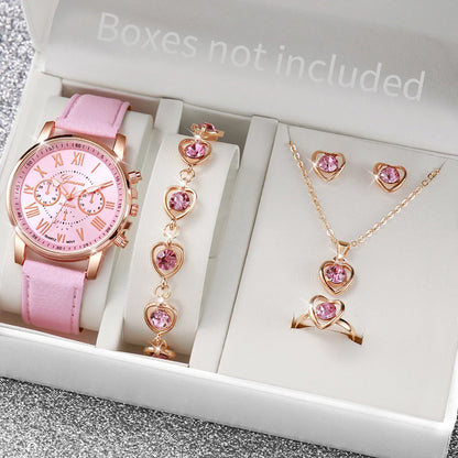 Women's Fashion Quartz Watch & Jewelry Set | 5/6pcs Heart Rhinestone Leather Band Wristwatch