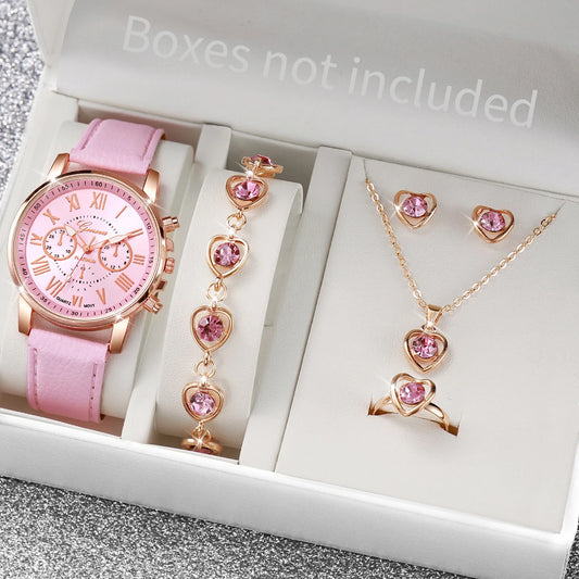 Women's Fashion Quartz Watch & Jewelry Set | 5/6pcs Heart Rhinestone Leather Band Wristwatch