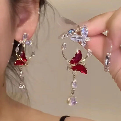 Women's Elegant Red Zircon Butterfly Drop Earrings | Sweet Metal Bow Fashion Jewelry for Girls