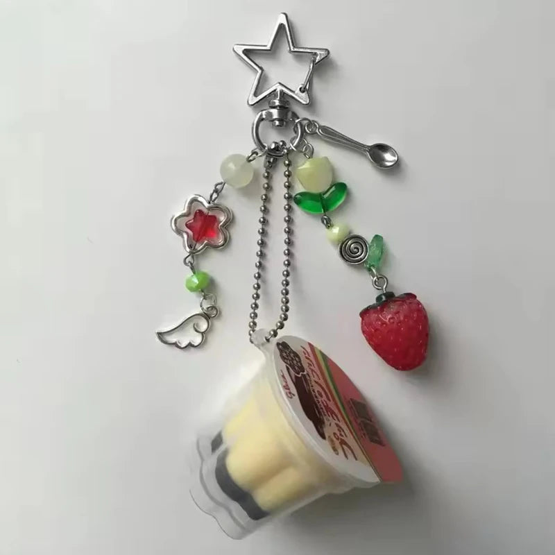 Love Heart Japanese Pudding Keychain | Y2K Retro Aesthetic Egg Flan Charm Beaded Accessory