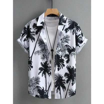 Men’s Tropical Palm Print Shirt – Casual Summer Button-Up Beach Shirt | Hawaiian Shirt Print Casual Thin Beach Slim Fashion Shirt High Quality Luxury Black Social Vintage | Oversized Clothes