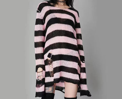 Women's Punk Gothic Hollow Out Sweater | Unisex Striped Loose Rock Dark Streetwear Top