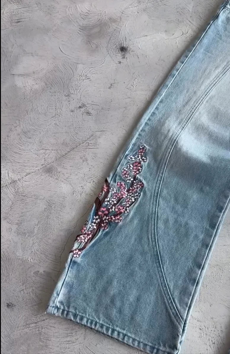 Cherry Blossom Embroidery Baggy Jeans for Men