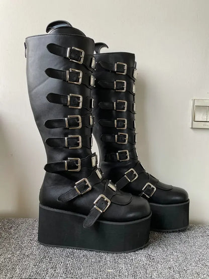 Women's Gothic Platform Wedge Mid-Calf Boots – Buckle Strap PU Leather | EU 35–43, 3 Colors