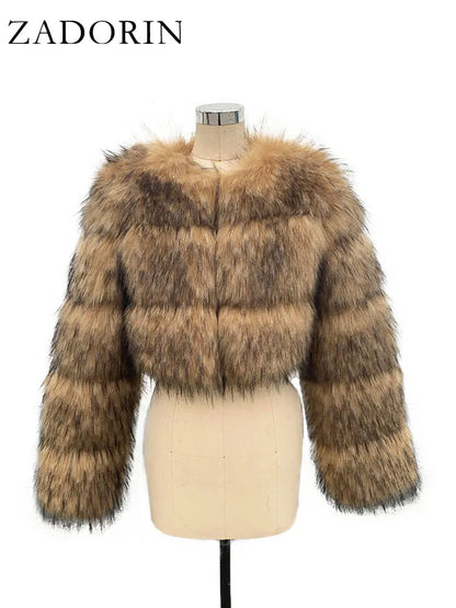 Cropped Faux Raccoon Fur Jacket for Women