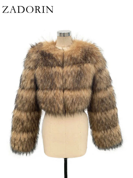 Cropped Faux Raccoon Fur Jacket for Women