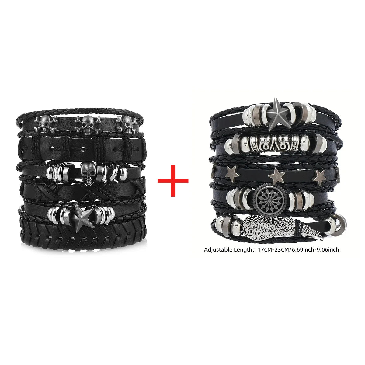 Men's Viking Leather Bracelet Woven Skull Adjustable Cuff