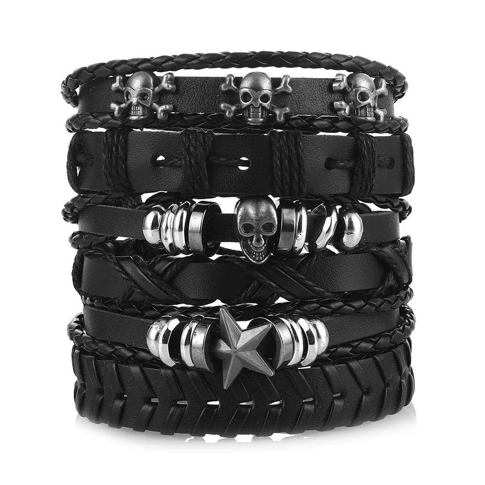 Men's Viking Leather Bracelet Woven Skull Adjustable Cuff