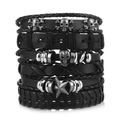 Men's Viking Leather Bracelet Woven Skull Adjustable Cuff