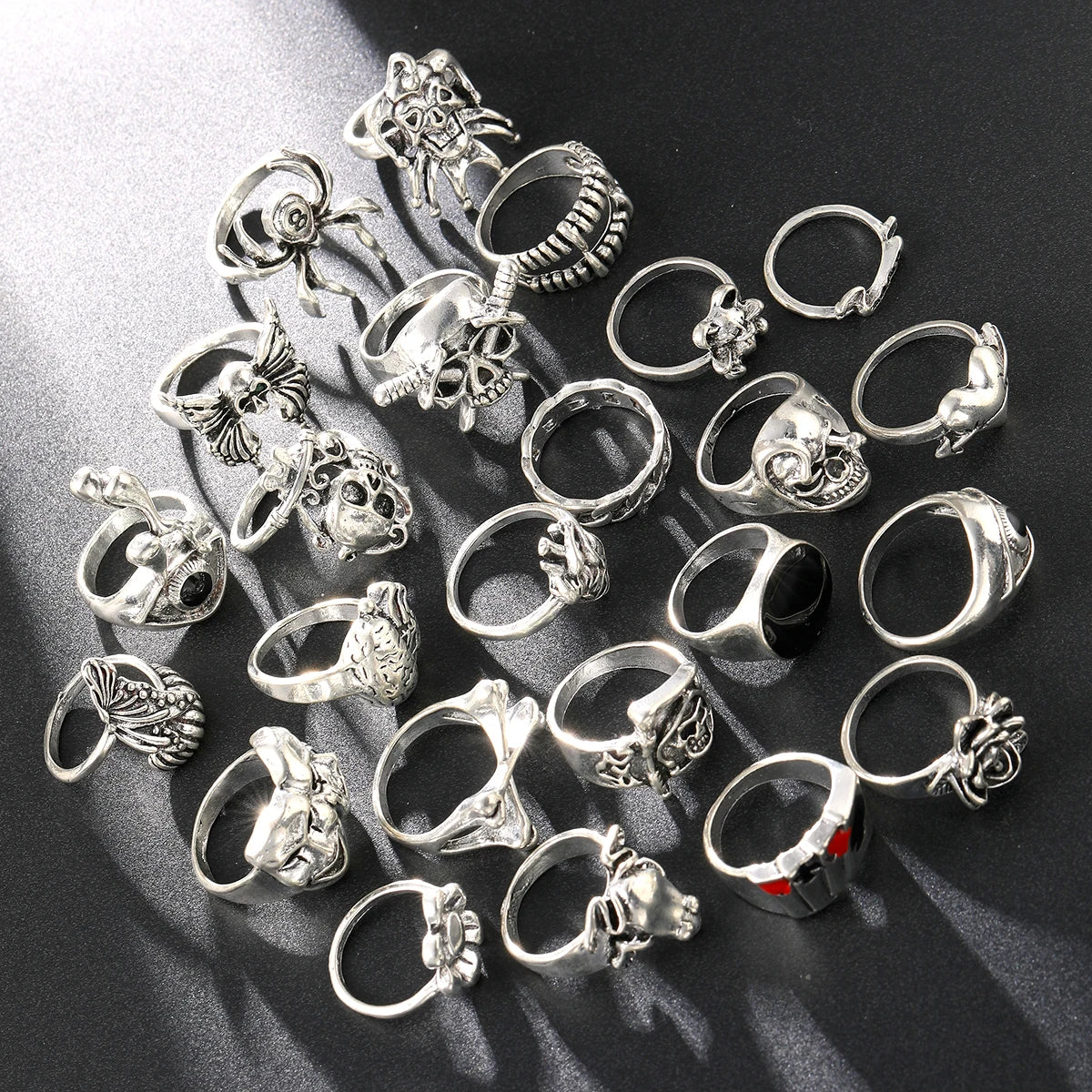 24 Piece Gothic Punk Ring Set for Men Skeleton Butterfly and Frog Jewelry