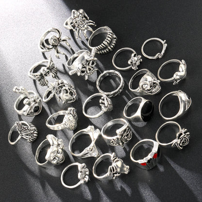 24 Piece Gothic Punk Ring Set for Men Skeleton Butterfly and Frog Jewelry