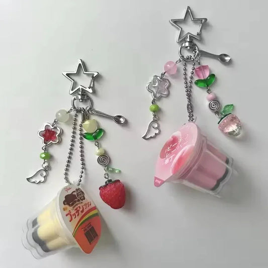 Love Heart Japanese Pudding Keychain | Y2K Retro Aesthetic Egg Flan Charm Beaded Accessory