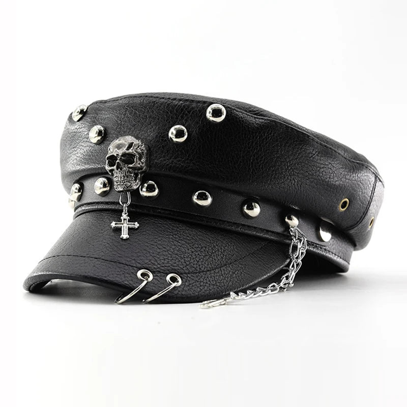 Women's Punk PU Leather Beret | Vintage Flat Top Military Cap for Outdoor & Casual Wear
