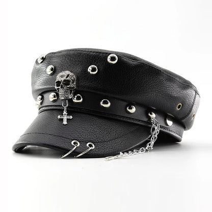 Women's Punk PU Leather Beret | Vintage Flat Top Military Cap for Outdoor & Casual Wear