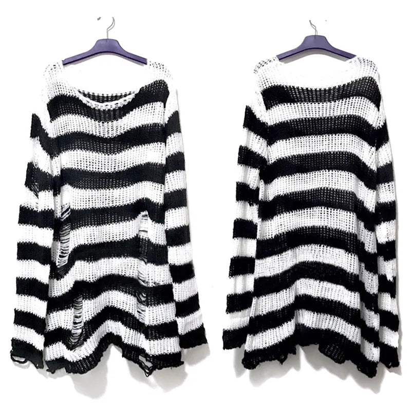 Women's Punk Gothic Hollow Out Sweater | Unisex Striped Loose Rock Dark Streetwear Top