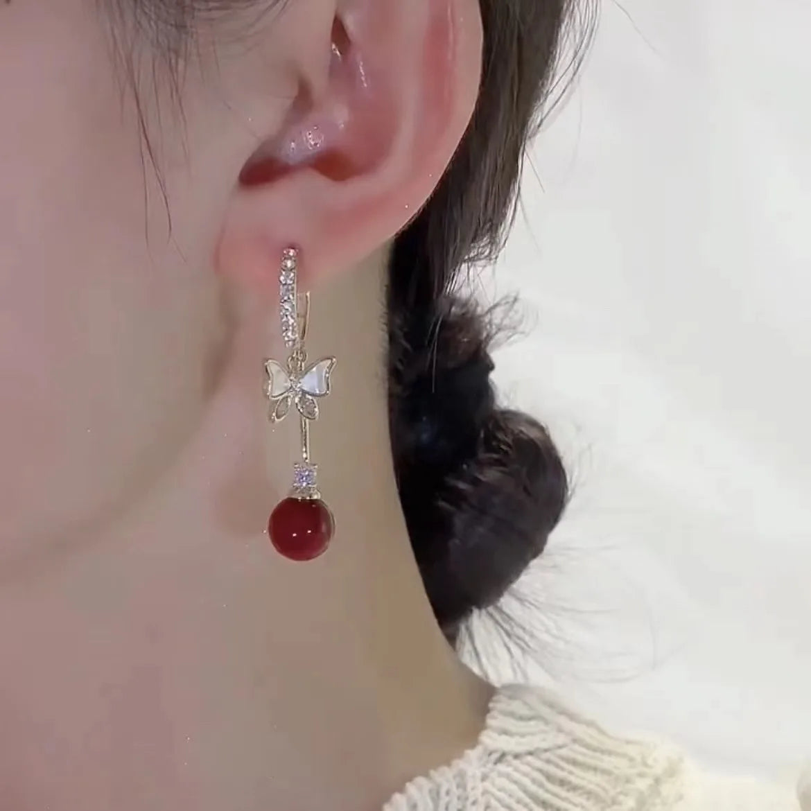 Women's Elegant Red Zircon Butterfly Drop Earrings | Sweet Metal Bow Fashion Jewelry for Girls