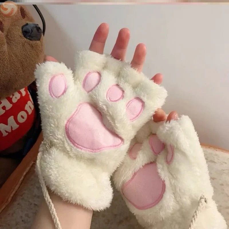 Cat Paw Plush Mittens – Cute Fingerless Fluffy Gloves for Women
