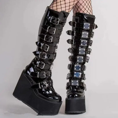 Women's Gothic Platform Wedge Mid-Calf Boots – Buckle Strap PU Leather | EU 35–43, 3 Colors