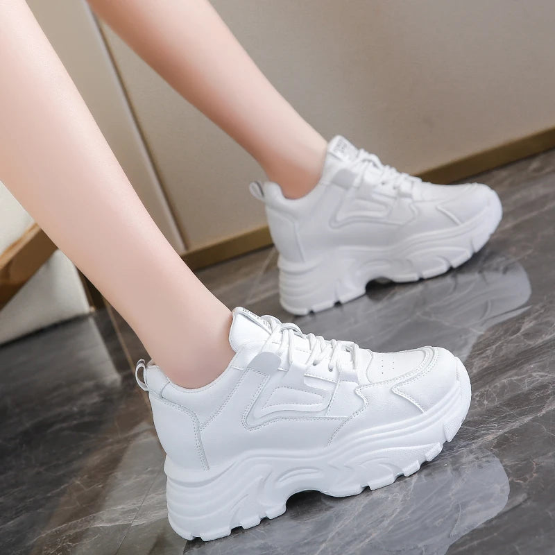 Rimocy Women's White Platform Sneakers – 7cm Chunky Sole PU Leather Lace-Up Shoes