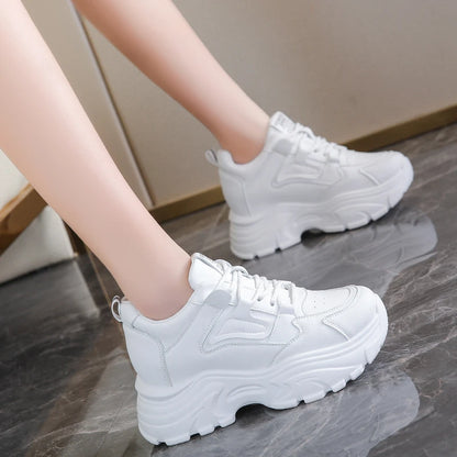 Rimocy Women's White Platform Sneakers – 7cm Chunky Sole PU Leather Lace-Up Shoes