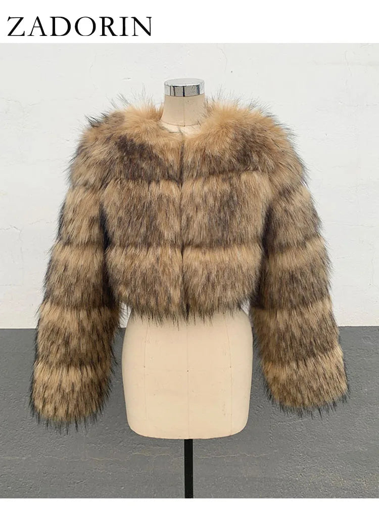 Cropped Faux Raccoon Fur Jacket for Women